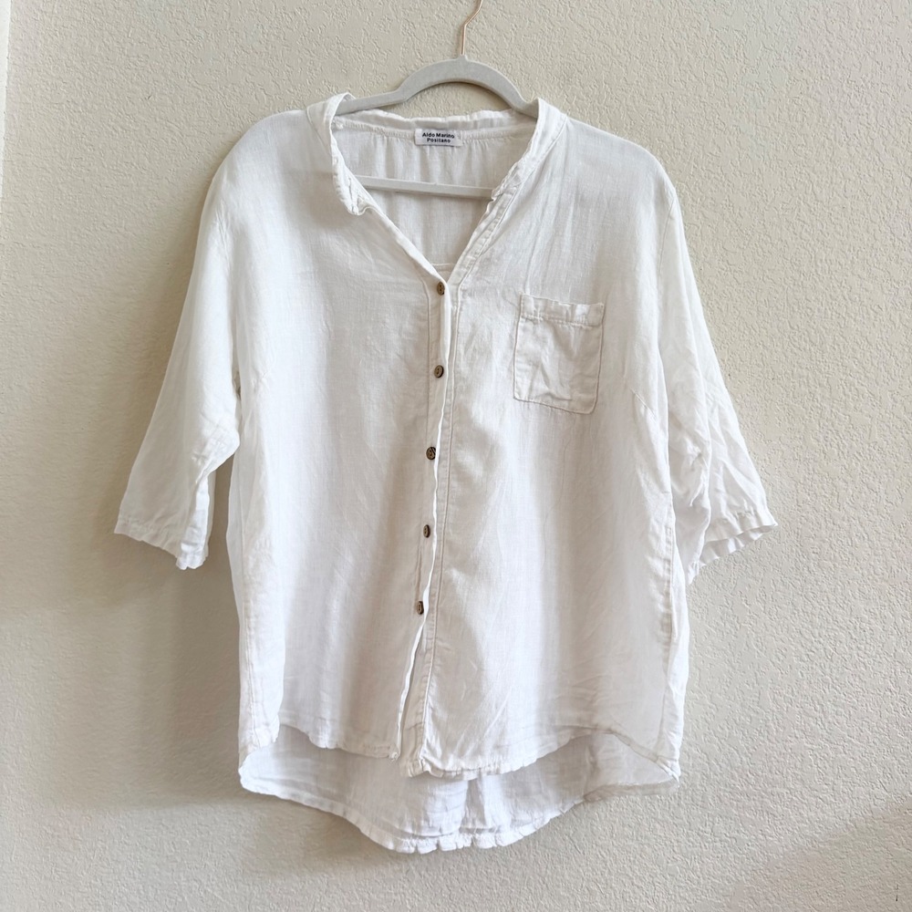 Aldo Marino Positano White 100% Linen Button Up Shirt Made in Italy Large